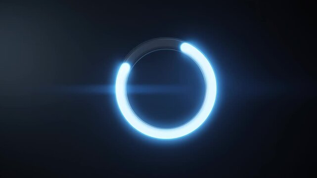 Glowing blue circular loading icon with electric effect symbolizes battery backup home power systems and energy flow on dark background