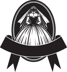 Elegant Bride Silhouette in Oval Frame with Ribbon Banner Black and White.
