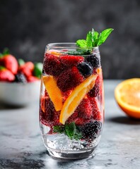 Glass of sparkling water with orange slices, strawberry, blackberry and mint