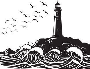 Stormy Seascape with Lighthouse and Birds.