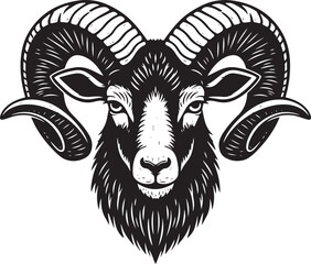 Vintage Style Black and White Ram Head Illustration.