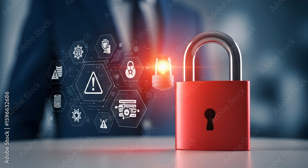 Poster cybersecurity alert system with a glowing red padlock safeguarding sensitive digital information.