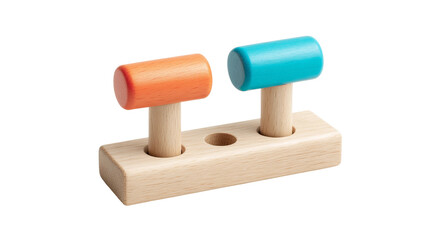Wooden toy with two colorful cylindrical pegs on a base.
