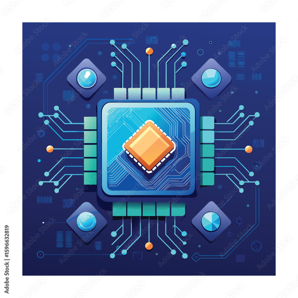 Poster vector illustration of a futuristic cpu chip with blue circuits, connecting nodes, and data lines on
