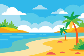 Vibrant tropical beach scene with palm trees and ocean