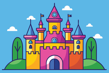 Fototapeta premium Vibrant cartoon castle with flags and trees