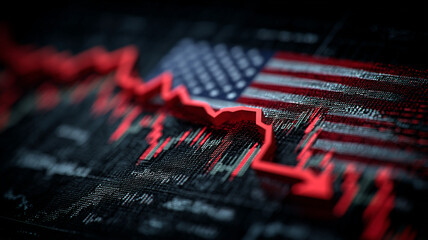 Red downward arrow graph over digital American flag background showing economic decline and financial crisis