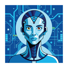 Futuristic Robot Portrait: AI Humanoid with Circuit Board Background and Asymmetrical Eyes, Technology Illustration, Artificial Intelligence Concept, Modern Design, Bold Colors