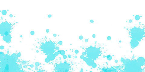 Cyan ink splatter border. Abstract paint splatters & drops along the bottom edge. A decorative frame element isolated on transparent background for creative projects, PNG.