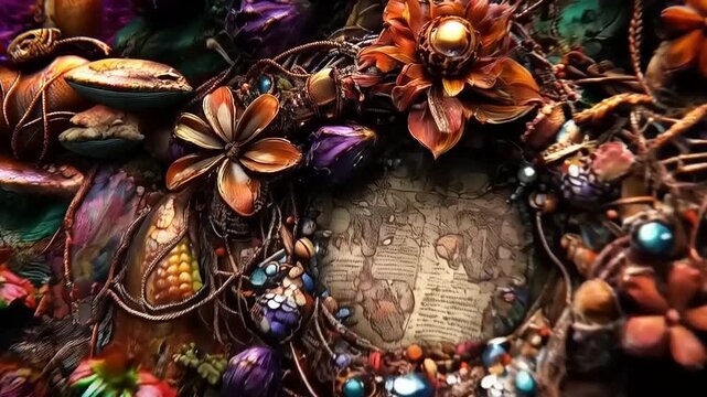 Intricate floral and gemstone wreath encircling vintage map art