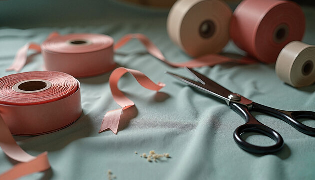 Pink ribbons and scissors on soft fabric in natural light

