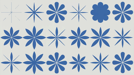 Blue starburst and petal flower patterns on light gray background