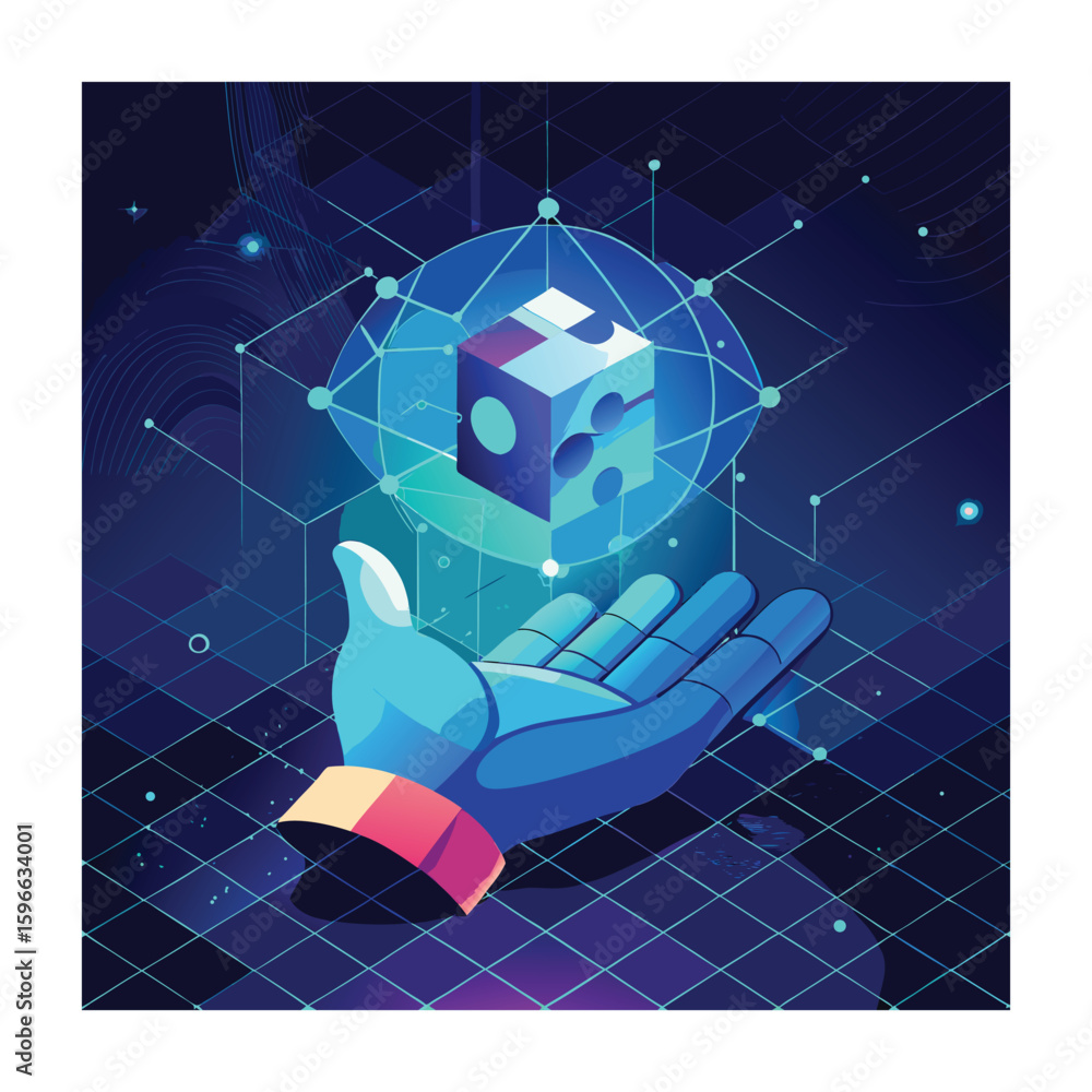 Poster hand holding digital cube with connected dots: a futuristic technology concept for artificial intell