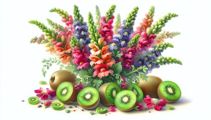 Colorful Snapdragons Bouquet with Fresh Kiwi Fruits Still Life