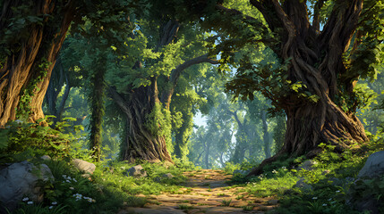 AI Illustration of Forest Path Surrounded by Twisted Trees and Sunlight – Serene Nature Landscape