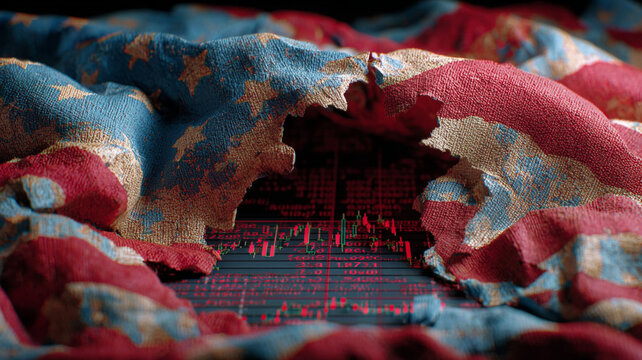 Torn flag fabric reveals mash up of digital stock market data with red and green candlestick charts symbolizing financial volatility and economic