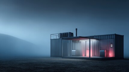 Obraz premium A modern, minimalist shipping container structure with glass walls illuminated by red and white lights in a foggy, remote landscape at dusk, eco-friendly portable power