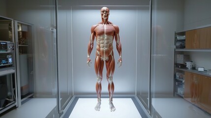 Human muscle anatomy model in a display case