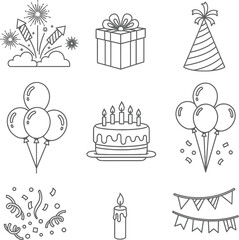 Birthday Party Icons Collection with Cake Balloons Gift and Bunting celebration