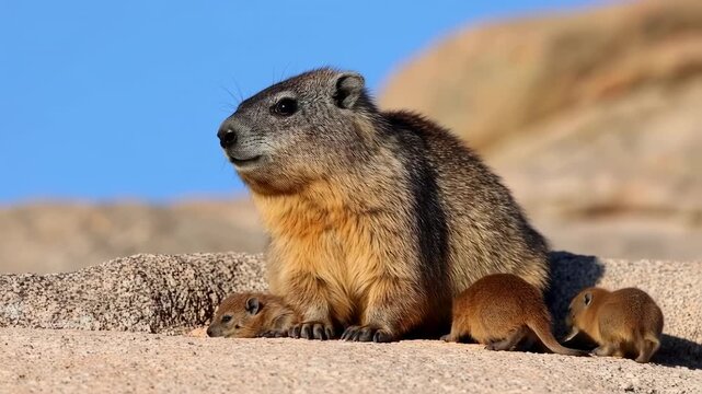 Rock Hyrax Family: Mother and Young Relaxing in Sunlight
