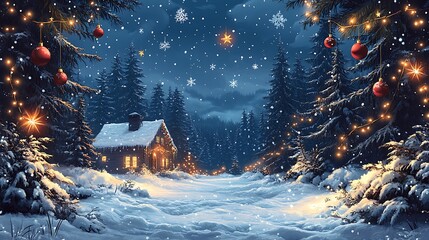 Festive winter scene depicting a cozy illuminated cabin in a snowy christmas landscape