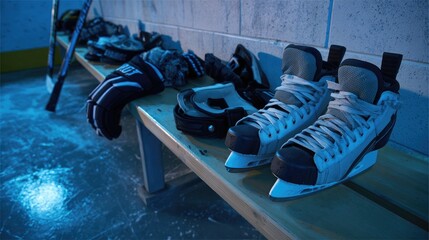 Hockey Equipment on Bench in Blue Lit Locker Room
