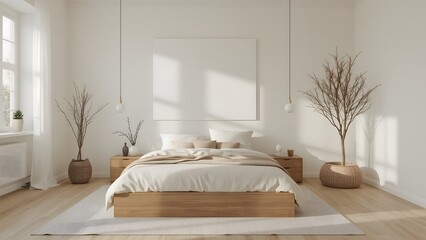 Obraz premium Serene Minimalist Bedroom: Neutral Tones, Wooden Bed, Large Canvas Mockup, Natural Light, and Stylish Decor.