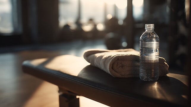 Fitness essentials laid out on gym bench with morning sun rays