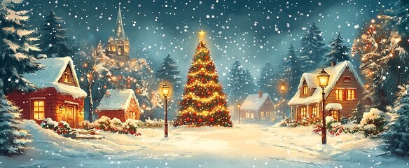 Winter wonderland christmas scene depicting a decorated tree with glowing lights in a snowy landscape