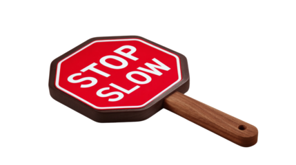 Red octagon stop slow paddle with white text and wooden handle.