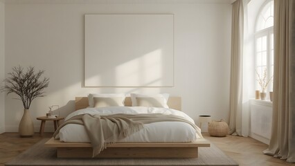 Serene Minimalist Bedroom:  Neutral Tones, Wooden Platform Bed, Large Canvas Mockup, Natural Light, and Textured Throw.