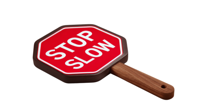 Red octagon stop slow paddle with white text and wooden handle.