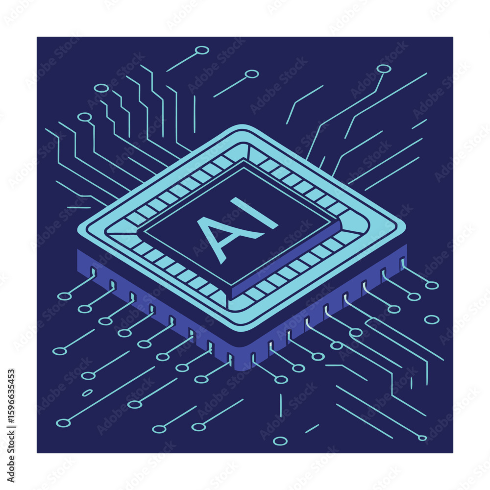 Poster artificial intelligence isometric illustration: ai chip with circuit board and connections, represen