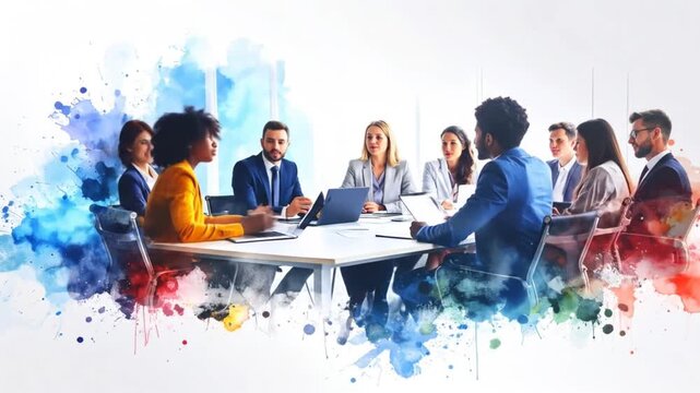 A diverse business team brainstorms around a round table. 4k video