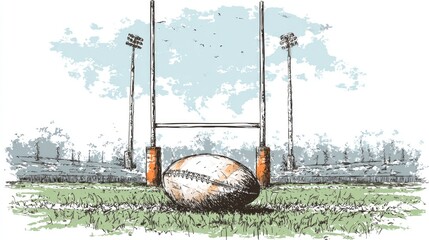 Rugby Ball at Goalposts on Field Illustration