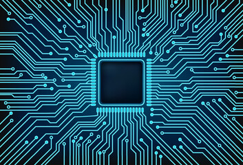 Vector circuit board background with central chip. Glowing blue lines on dark surface. Tech, PCB, AI or digital data concept. Perfect for electronics, software, or futuristic design themes.