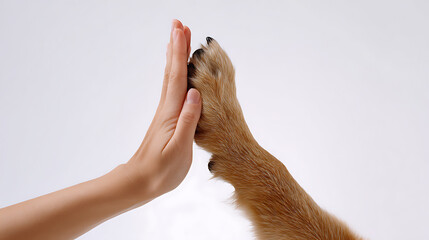 cropped view of woman giving paw to dog isolated on white background