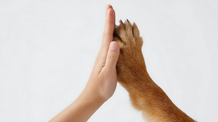 Woman's hand holding a dog's paw on a white background.