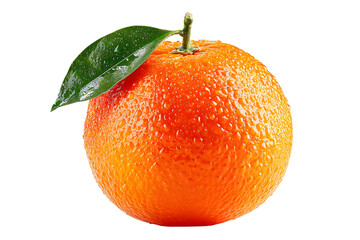 Fresh mandarin orange with green leaf and water droplets on a transparent background