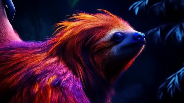 Vibrant Sloth Close-Up: A Neon-Infused Portrait of Serenity and Wildlife Charm