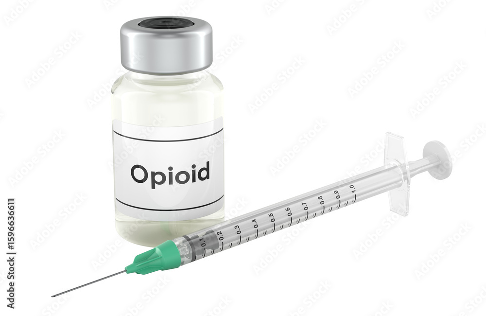 Poster opioid vial and syringe. 3d rendering isolated on transparent background