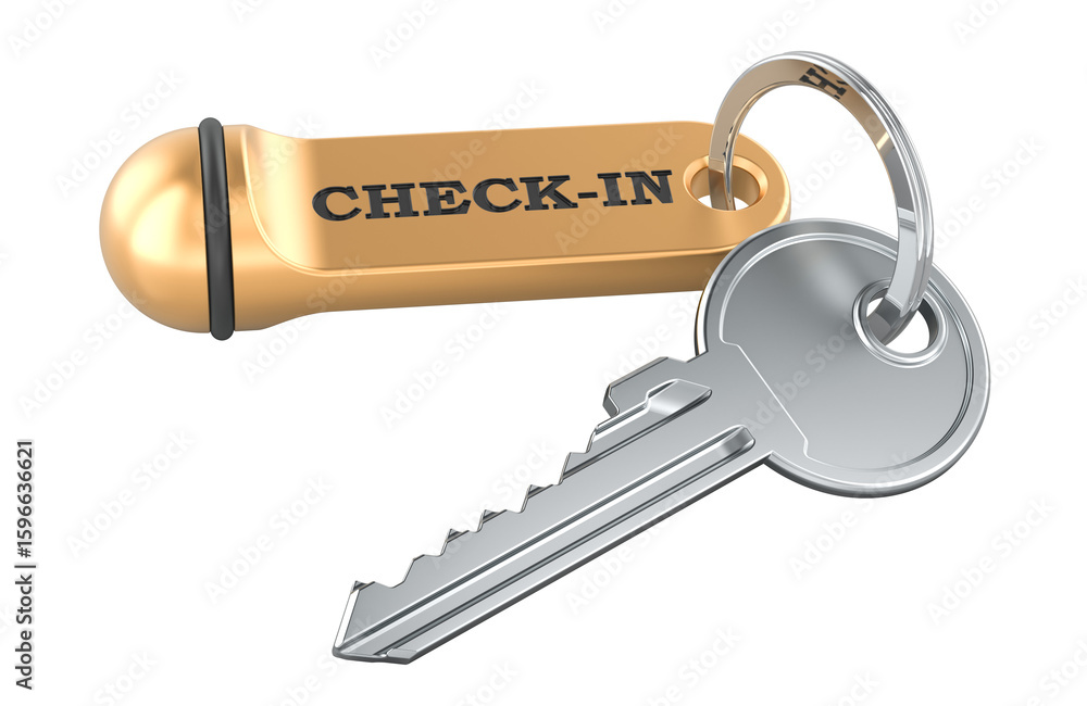 Poster check-in concept with key and tag. 3d rendering isolated on transparent background