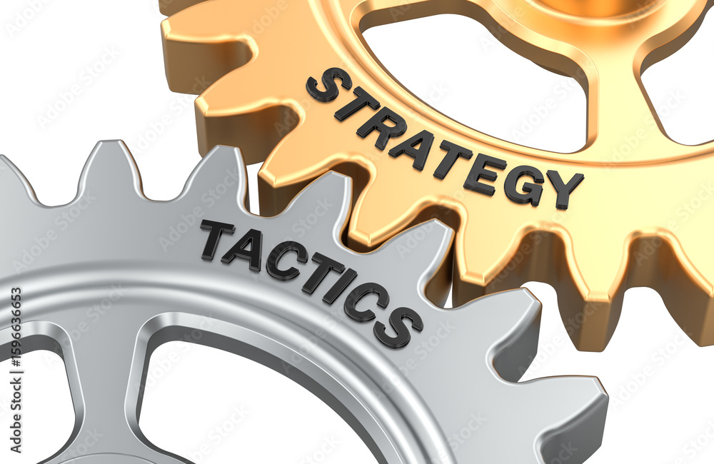 Poster strategy and tactics concept with gears. 3d rendering isolated on transparent background