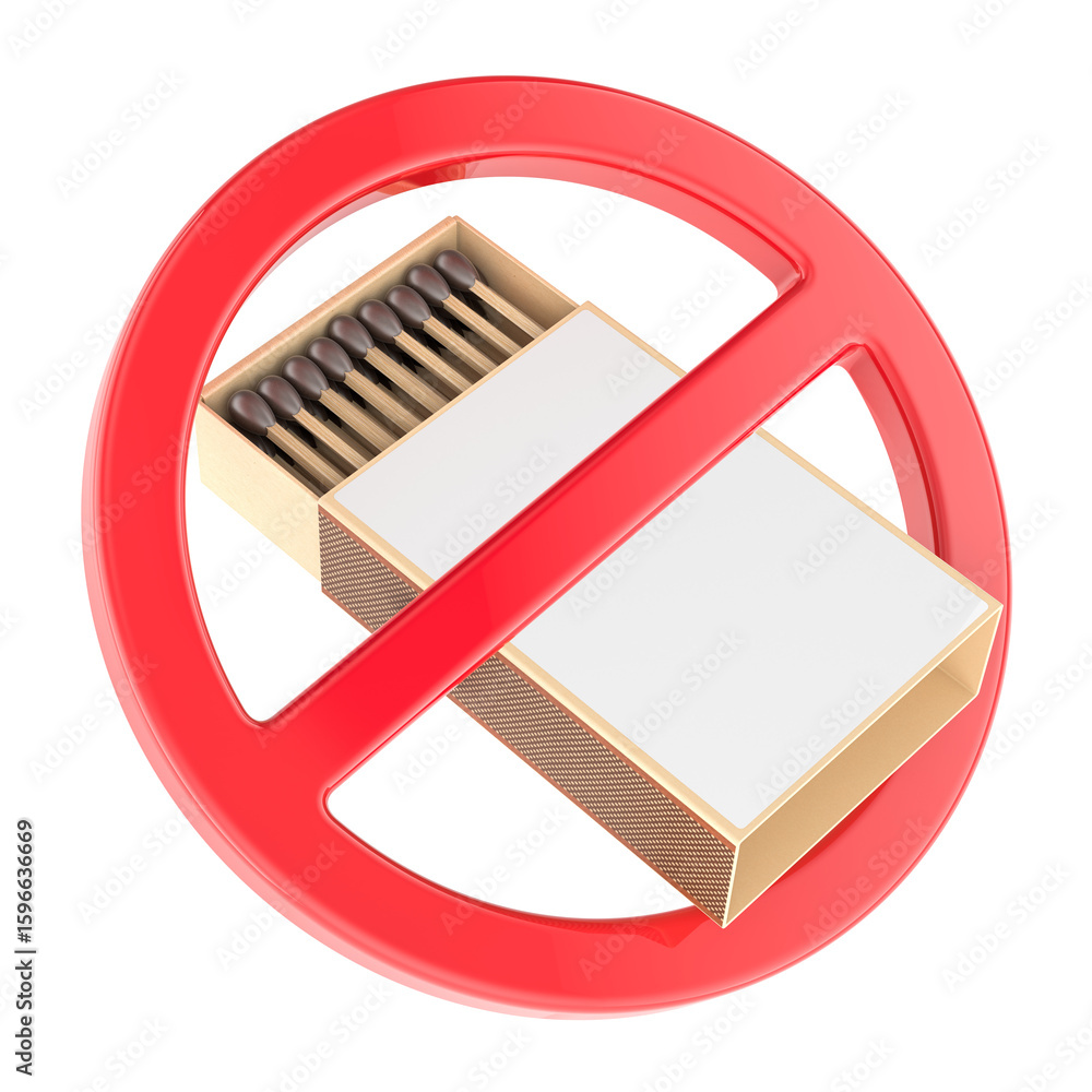 Poster matchbox with prohibition sign. 3d rendering isolated on transparent background
