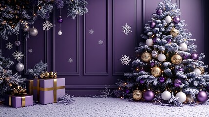 Elegant christmas scene with a decorated tree gifts and purple and gold ornaments.