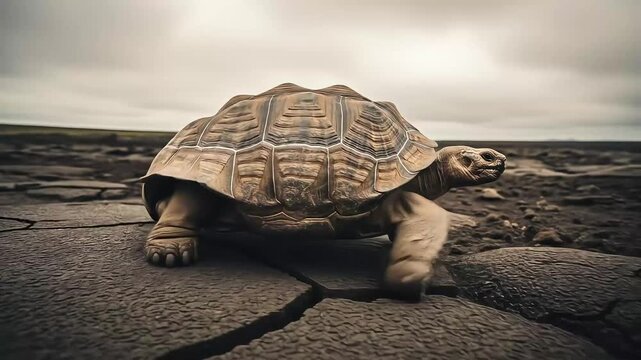 A tortoise walks across cracked earth under an overcast sky, showcasing its textured shell and determined movement.