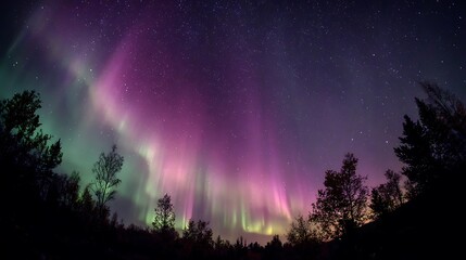 Aurora-like waves glowing across the cosmos, blending with a clear pink and violet nebula, set against a pure black sky filled with stars, ultra clarity, no haze 
