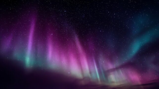 Aurora-like waves glowing across the cosmos, blending with a clear pink and violet nebula, set against a pure black sky filled with stars, ultra clarity, no haze 