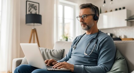 Focused physician working remotely on laptop with headset and stethoscope in modern home setting, offering virtual healthcare solutions.