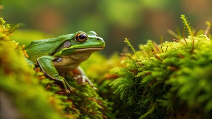 Obraz premium Green tree frog, moss, detailed, wildlife photography